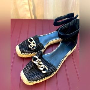 INC black espadrille sandals- gold link